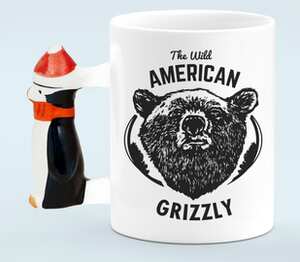 The wild american grizzly - дикий американский гризли кружка с ручкой в виде пингвина (цвет: белый)