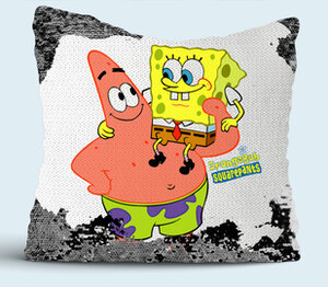 Губка Боб и Патрик (SpongeBob SquarePants) подушка с пайетками (цвет: белый + черный)