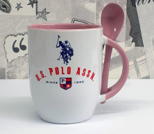 Фото розовой кружки с ложкой в ручке Союз Поло США /US Polo assn. Since 1890