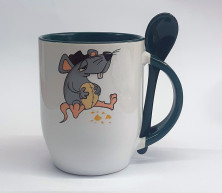 Фото черной кружки с ложкой в ручке Lazy rat - ленивая крыса