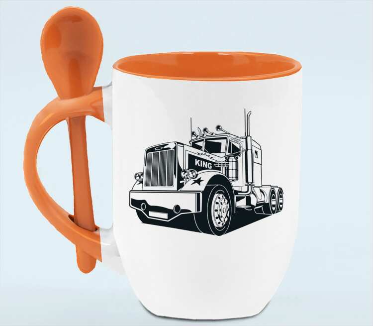 King Truck (Грузовик) кружка с ложкой в ручке (цвет: белый + оранжевый)