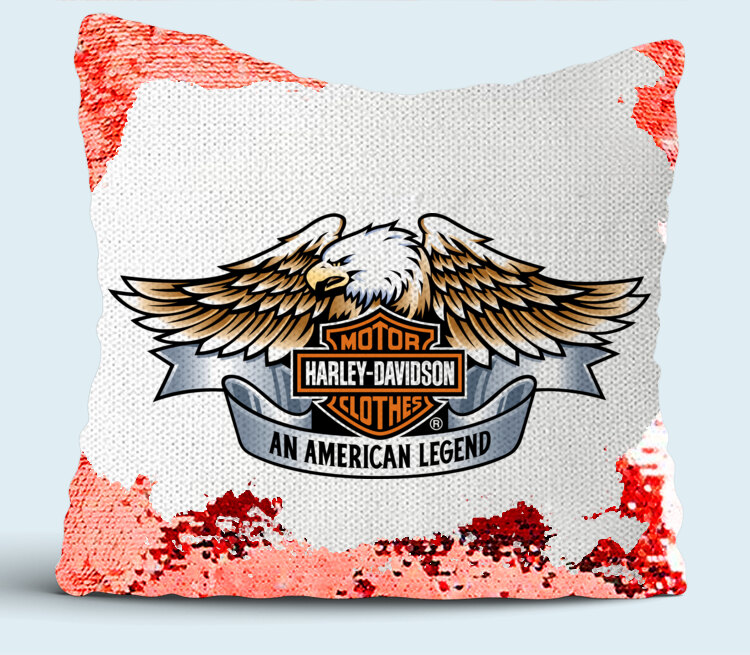 Харлей дэвидсон Американская легенда / Harley Davidson Motor Clothes. An American Legend подушка с пайетками (цвет: белый + красный)