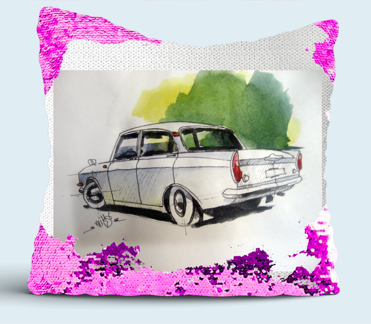 Старый автомобиль подушка с пайетками (цвет: белый + сиреневый)