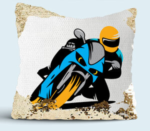 Мотоциклист в повороте подушка с пайетками (цвет: белый + золотой)