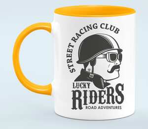 Стритрейсинг клуб - дорожные приключения (street racing club. Lucky riders road adventures) кружка двухцветная (цвет: белый + оранжевый)
