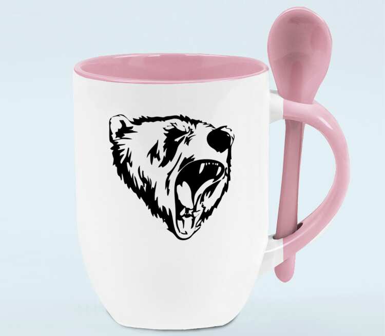 Сибирский Медведь кружка с ложкой в ручке (цвет: белый + розовый)