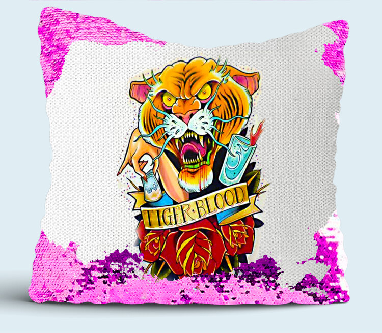 Тату тигр подушка с пайетками (цвет: белый + сиреневый)