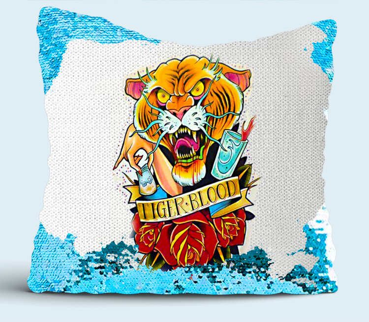 Тату тигр подушка с пайетками (цвет: белый + синий)