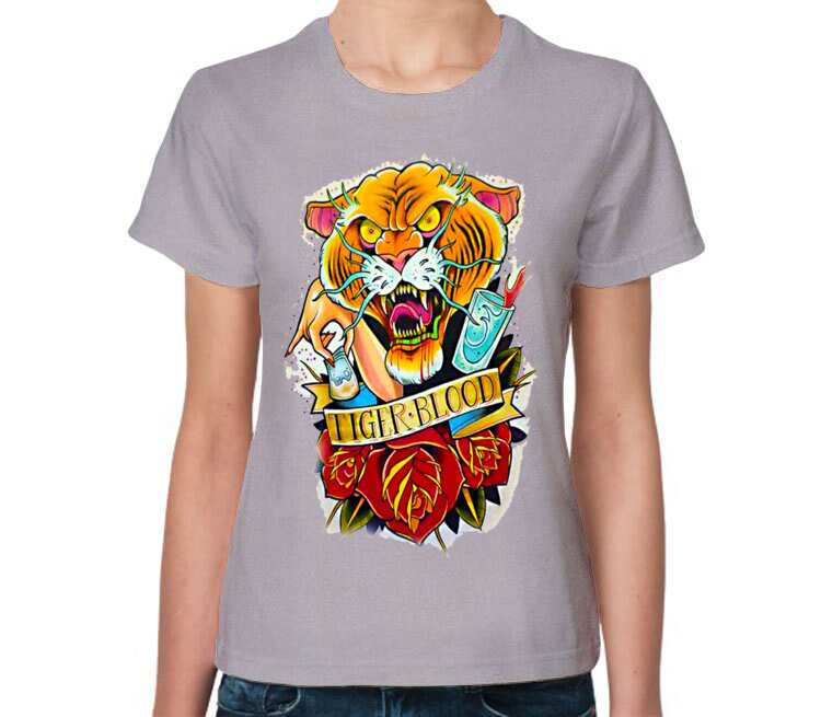 Тату тигр женская футболка с коротким рукавом (цвет: серый меланж)