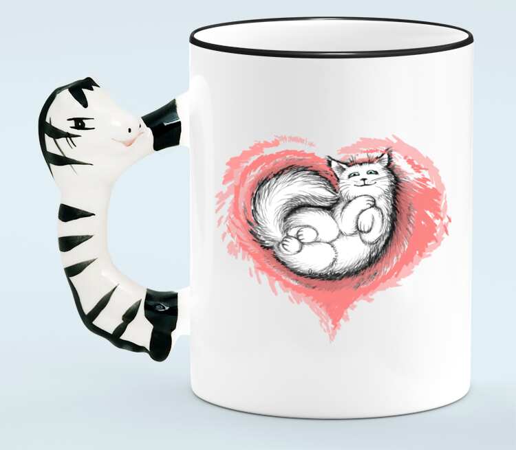 Влюбленный котик кружка с ручкой в виде зебры (цвет: белый + черный)