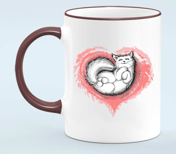Влюбленный котик кружка с кантом (цвет: белый + бордовый)