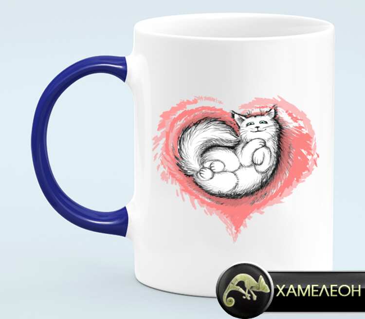 Влюбленный котик кружка хамелеон (цвет: белый + синий)