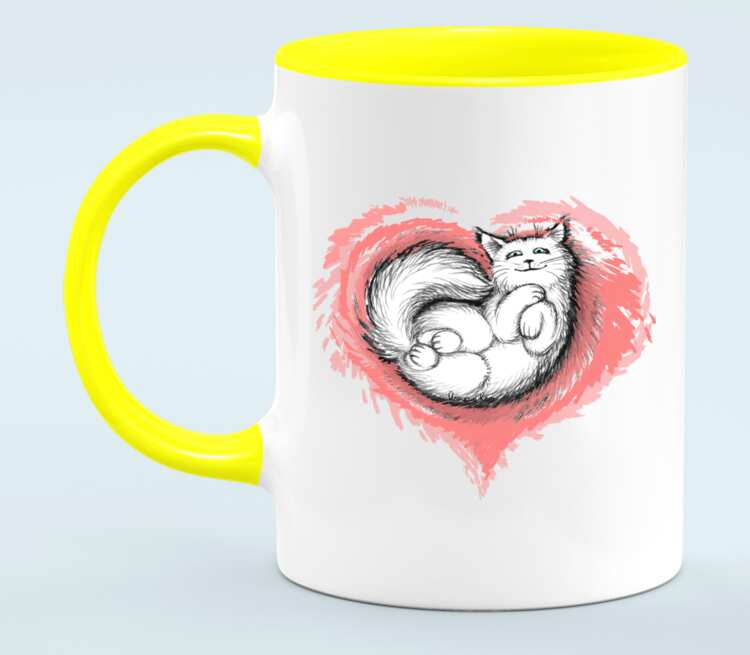 Влюбленный котик кружка двухцветная (цвет: белый + желтый)