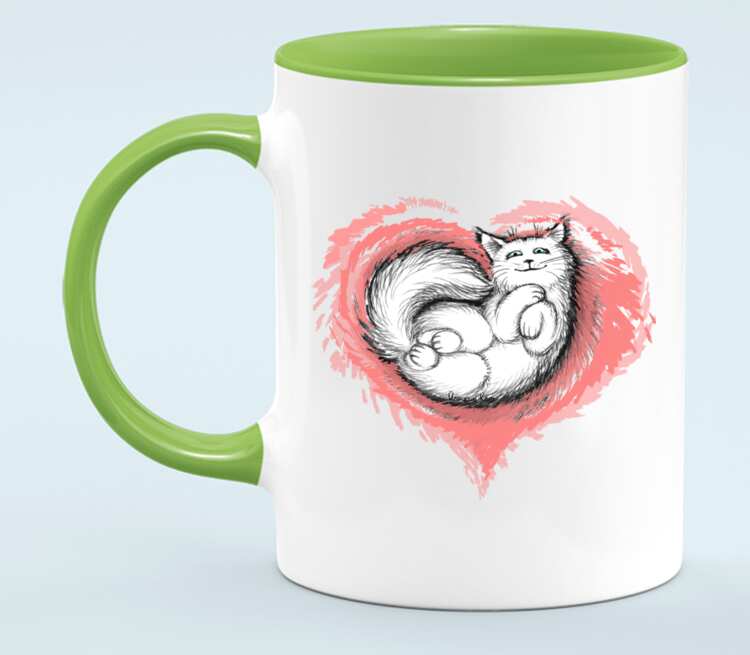 Влюбленный котик кружка двухцветная (цвет: белый + светло-зеленый)