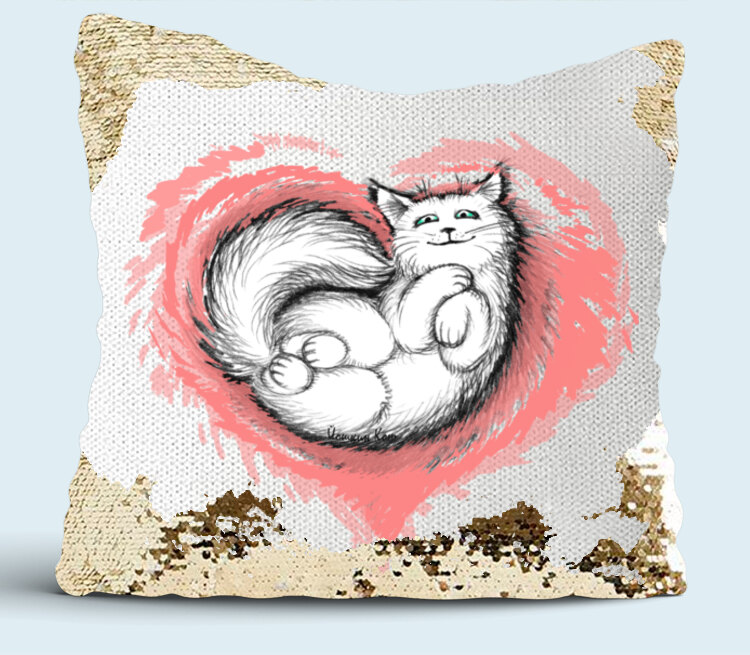 Влюбленный котик подушка с пайетками (цвет: белый + золотой)