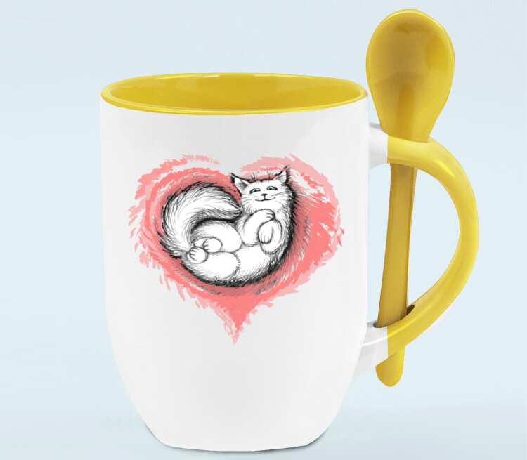 Влюбленный котик кружка с ложкой в ручке (цвет: белый + желтый)