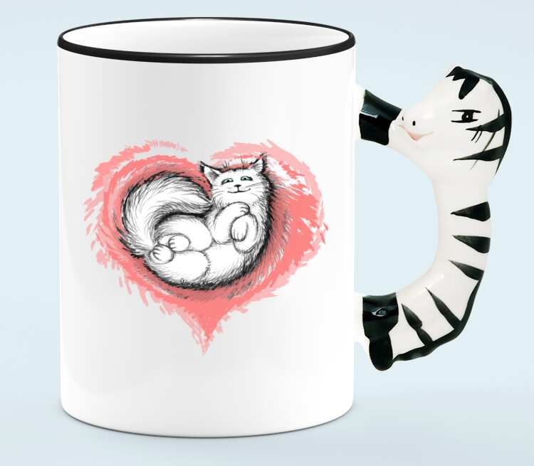Влюбленный котик кружка с ручкой в виде зебры (цвет: белый + черный)