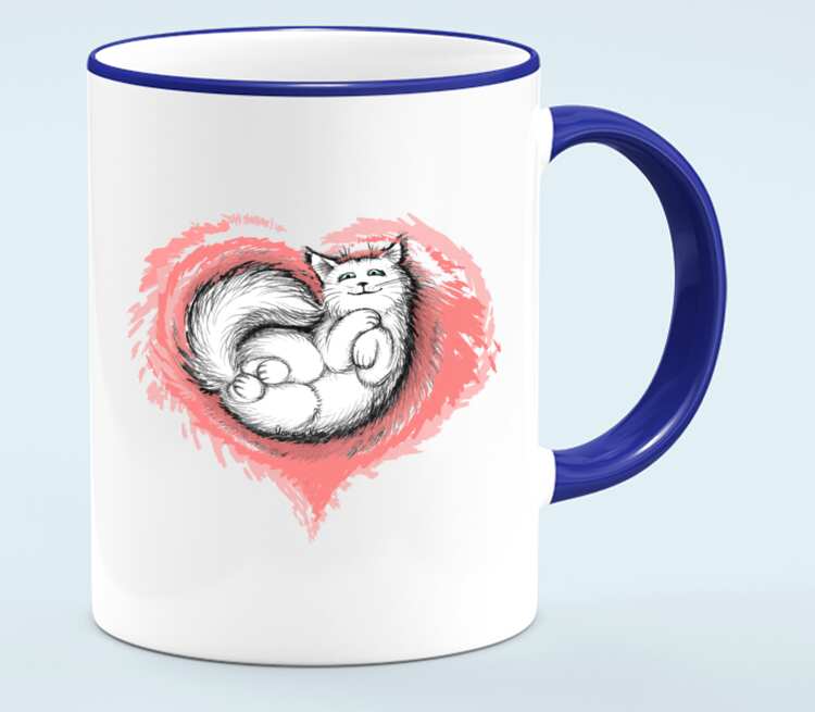 Влюбленный котик кружка с кантом (цвет: белый + синий)