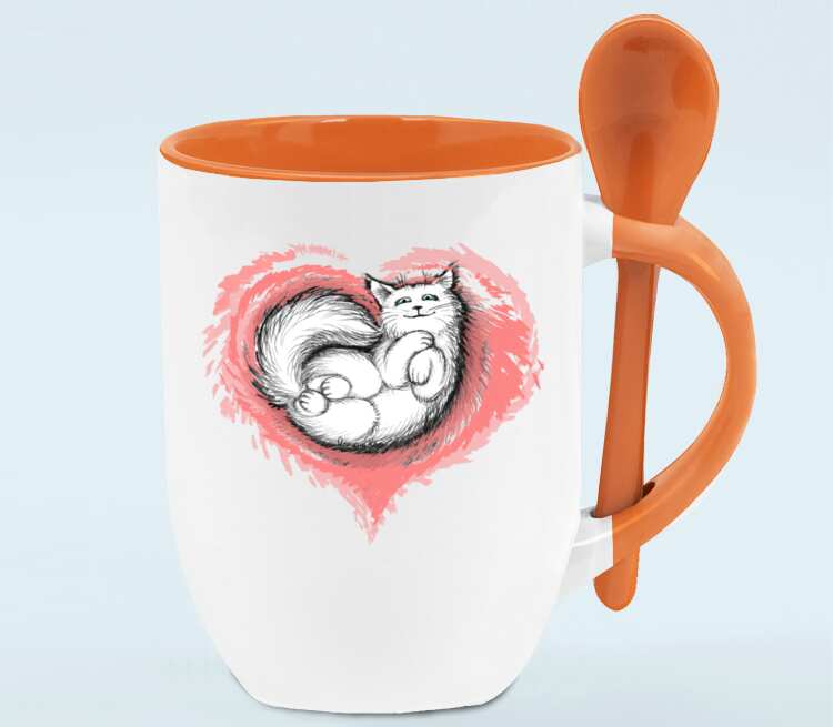 Влюбленный котик кружка с ложкой в ручке (цвет: белый + оранжевый)