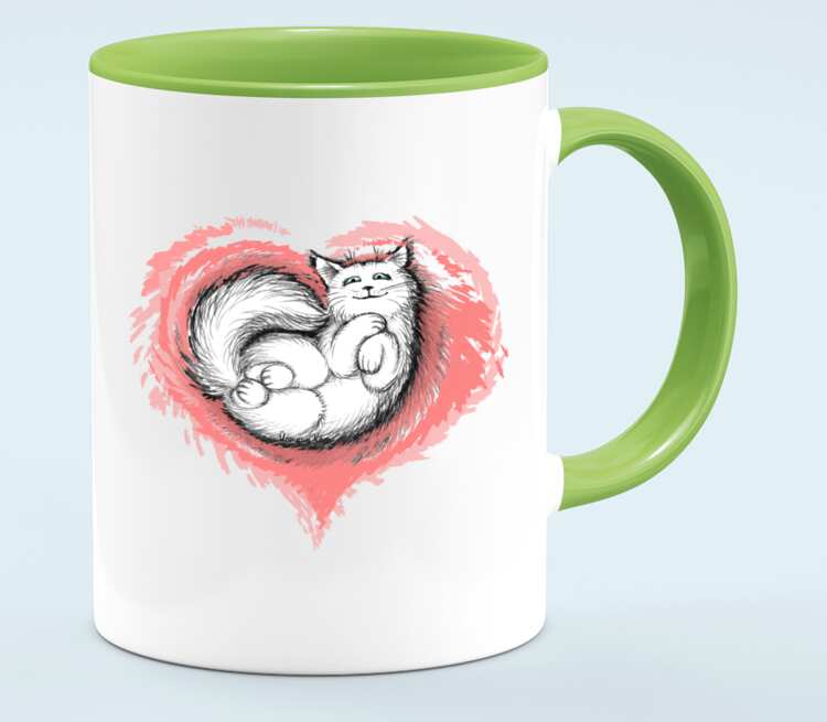Влюбленный котик кружка двухцветная (цвет: белый + светло-зеленый)