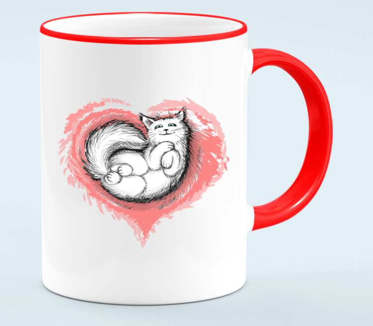 Влюбленный котик кружка с кантом (цвет: белый + красный)