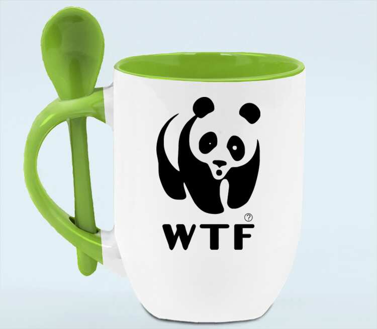Панда WTF кружка с ложкой в ручке (цвет: белый + зеленый)