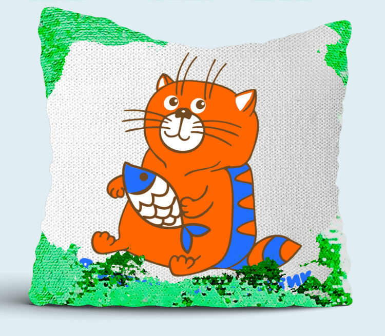 Я котик обормотик подушка с пайетками (цвет: белый + зеленый)