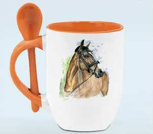 Лошадь акварелью кружка с ложкой в ручке (цвет: белый + оранжевый)