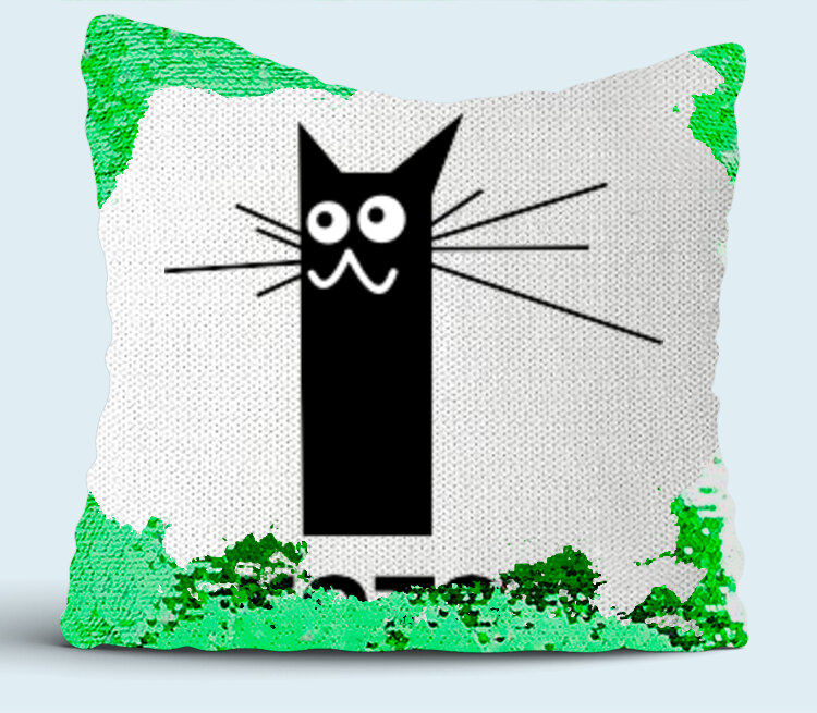 Черный котэ подушка с пайетками (цвет: белый + зеленый)