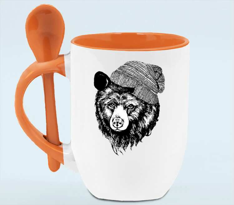 Медведь в шапке кружка с ложкой в ручке (цвет: белый + оранжевый)