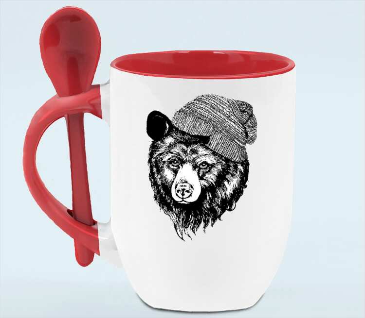 Медведь в шапке кружка с ложкой в ручке (цвет: белый + красный)