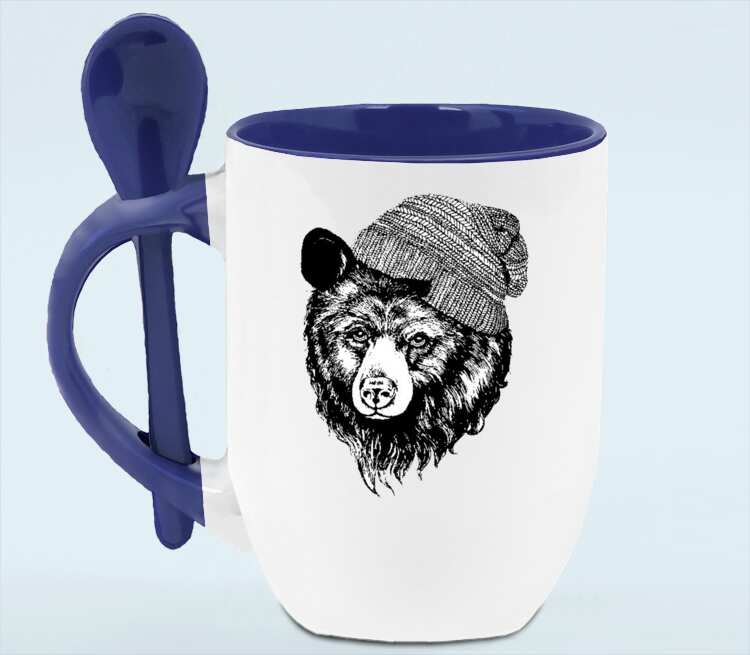 Медведь в шапке кружка с ложкой в ручке (цвет: белый + синий)