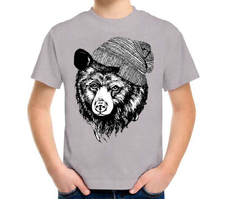 Медведь в шапке детская футболка с коротким рукавом (цвет: серый меланж)