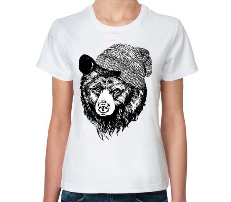Медведь в шапке женская футболка с коротким рукавом (цвет: белый)