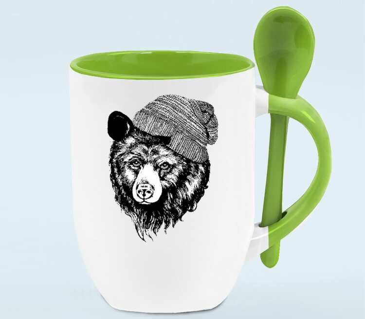 Медведь в шапке кружка с ложкой в ручке (цвет: белый + зеленый)