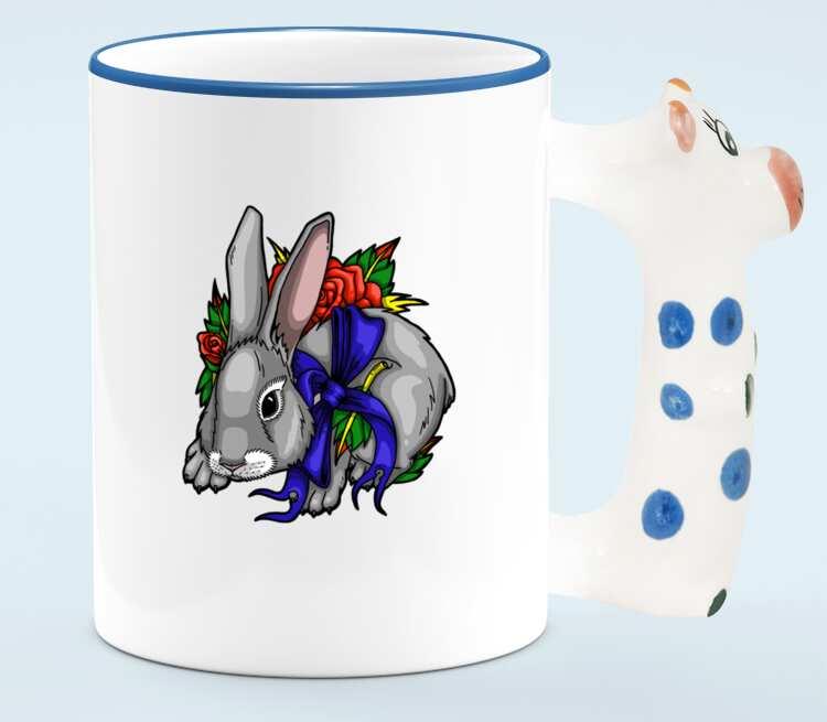 Кролик кружка с ручкой в виде коровы (цвет: белый + синий)