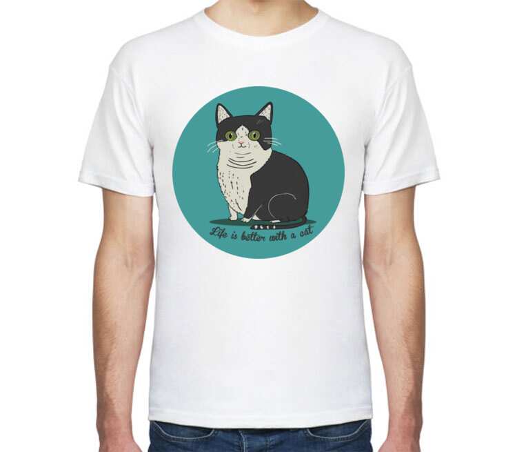 Life is better with a cat мужская футболка с коротким рукавом (цвет: белый)