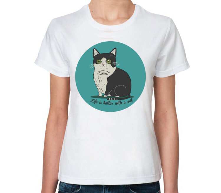 Life is better with a cat женская футболка с коротким рукавом (цвет: белый)