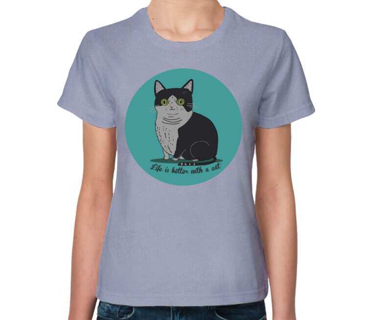 Life is better with a cat женская футболка с коротким рукавом (цвет: голубой меланж)