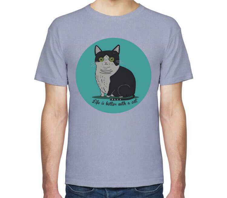 Life is better with a cat мужская футболка с коротким рукавом (цвет: голубой меланж)