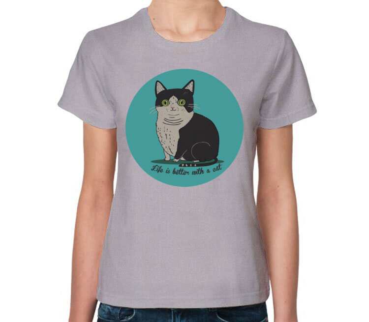 Life is better with a cat женская футболка с коротким рукавом (цвет: серый меланж)
