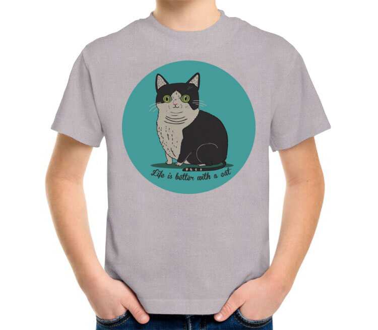 Life is better with a cat детская футболка с коротким рукавом (цвет: серый меланж)