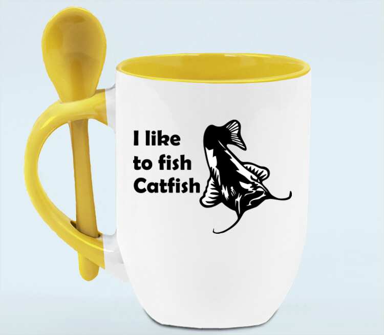 I like to fish Catfish кружка с ложкой в ручке (цвет: белый + желтый)