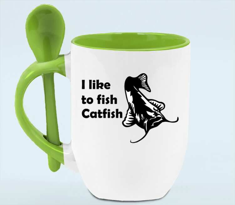 I like to fish Catfish кружка с ложкой в ручке (цвет: белый + зеленый)