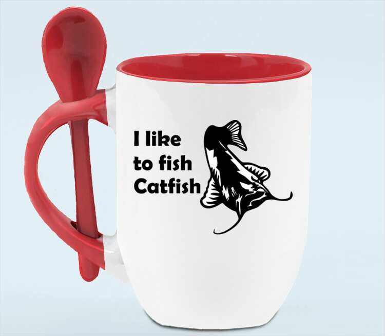 I like to fish Catfish кружка с ложкой в ручке (цвет: белый + красный)