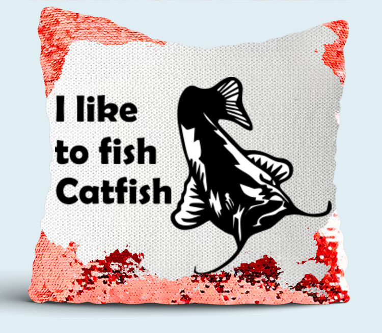 I like to fish Catfish подушка с пайетками (цвет: белый + красный)