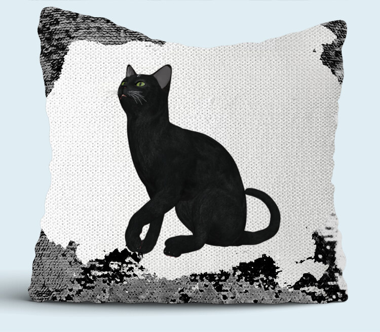 Черная кошка подушка с пайетками (цвет: белый + черный)