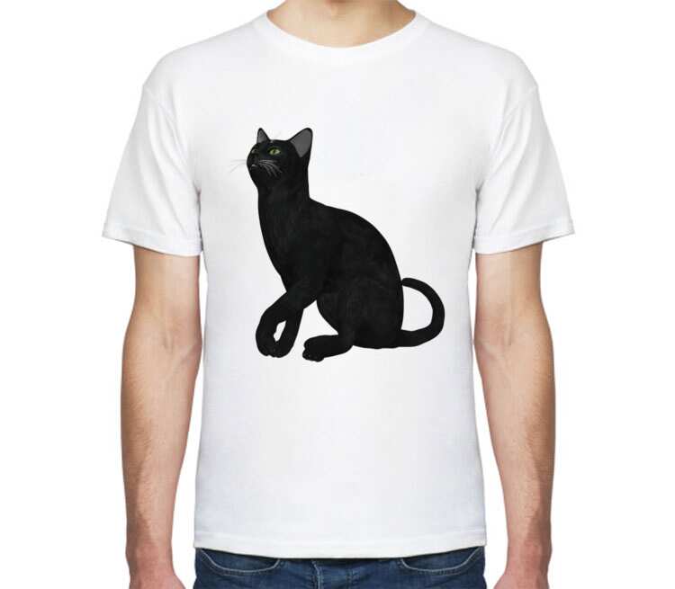Черная кошка мужская футболка с коротким рукавом (цвет: белый)