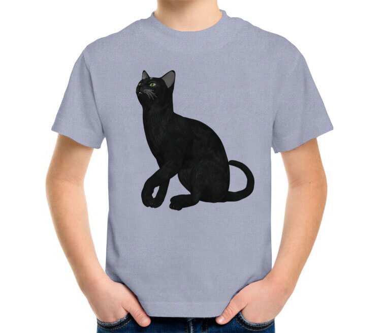 Черная кошка детская футболка с коротким рукавом (цвет: голубой меланж)