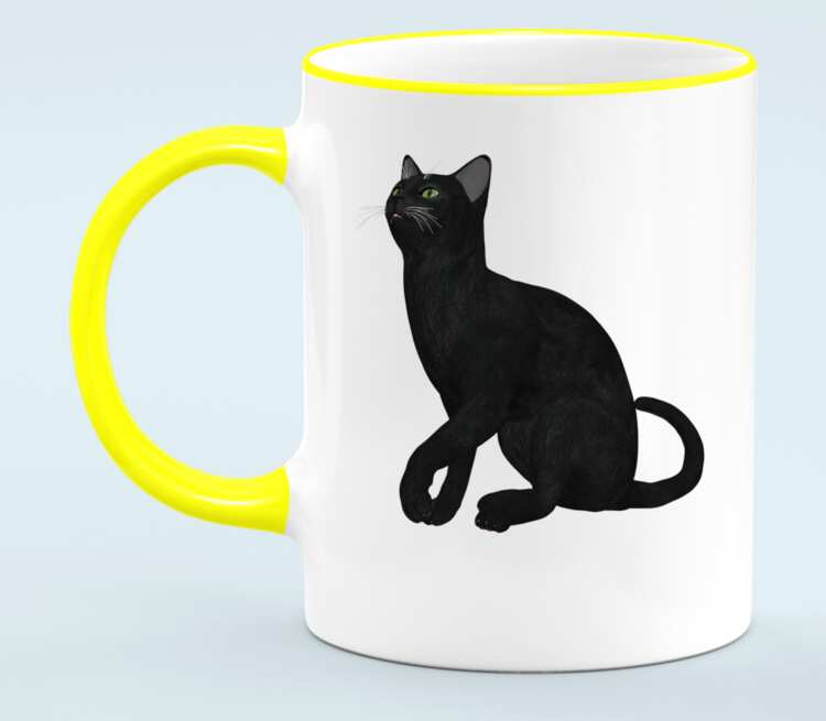 Черная кошка кружка с кантом (цвет: белый + желтый)